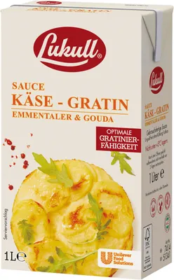 A carton of Lukull Kaese Gratin sauce with an image of the prepared dish on the front.