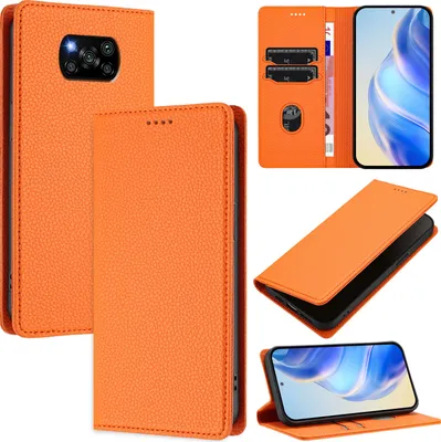 Produktbild von Litchi Leder Handyhülle für Xiaomi Poco X3 / X3 NFC / X3 Pro Wallet Kartenfächer Standfunktion Hülle Orange