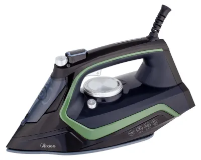 A black and green steam iron is shown against a white background.