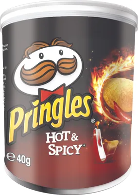 A Pringles Hot & Spicy potato chip can.