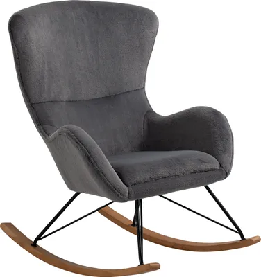 Produktbild von SalesFever Schaukelstuhl in Lammfelloptik | Bezug Kunstfell | Kufen Eichenholz | Gestell Metall | B 70 x T 94 x H 102 cm | dunkelgrau – schwarz – natur