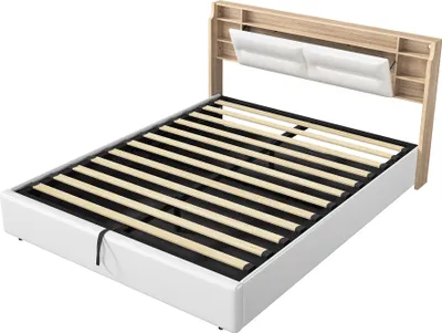 Obrázek produktu pro Čalouněná manželská postel (160 x 200 cm) s LED osvětlením, úložný prostor, funkční čalounění z umělé kůže, bílá barva