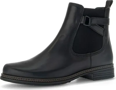 A single black Chelsea boot is shown against a white background.