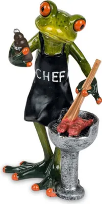 Eine witzige Figur eines Froschs, der als Koch verkleidet ist und ein Grillfest veranstaltet.