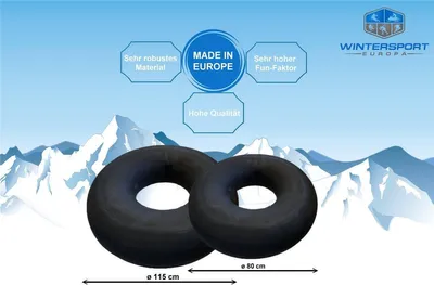 Two black inflatable tubes are shown against a background of snowy mountains and a blue sky. Text overlays highlight product features and branding.