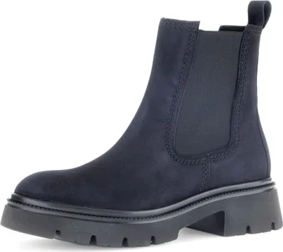 A single blue Chelsea boot is shown against a white background.