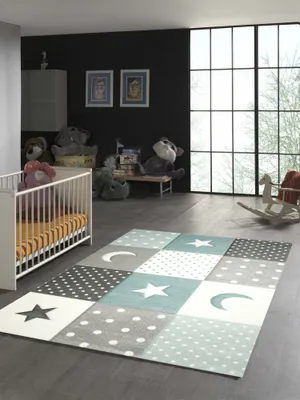 Produktbild von Kinderteppich Stern Mond in Weiss Grau Blau Größe - 140 x 200 cm