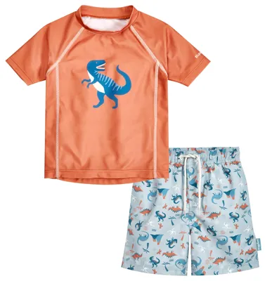 Productafbeelding van Playshoes jongensset, bestaande uit een rash guard en broek, met dinosaurusprint, oranje, maat 86-92