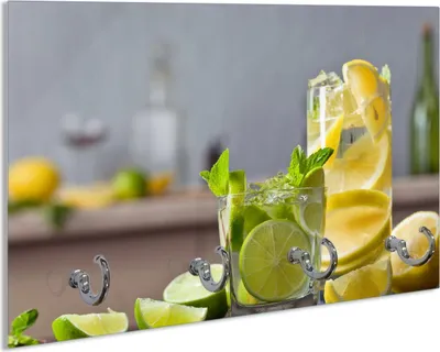 Produktbild von Wallario Schlüsselbrett aus Glas, Motiv: Cocktails mit Limetten und Zitronen, 30 x 20 cm mit 4 Haken