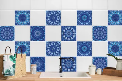 Produktbild von 24 Stück Laminierter Sticker Dekoratives Wandaufkleber für Küche und Bad  Blaues Mosaik 15 x 15 cm