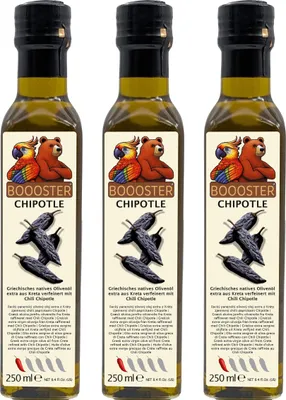 Produktbild von APSU Würz-Öl leicht scharf 3x250ml von BOOOSTER® Extra Natives Olivenöl mit Chipotle Chilis Premium-Dressing-Öl aus Griechenland Kreta für Feinschmecker-innen und die mexikanische Küche