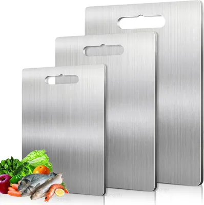 Produktbild von Schneidebrett 3 x Titan-Schneidebrett aus Edelstahl, Küchenbrett aus Edelstahl für Fleisch, Obst, Gemüse, Babynahrung, spülmaschinenfest