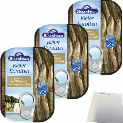 Produktbild von Rügenfisch Kieler Sprotten 3er Pack (3x106g Dose) + usy Block