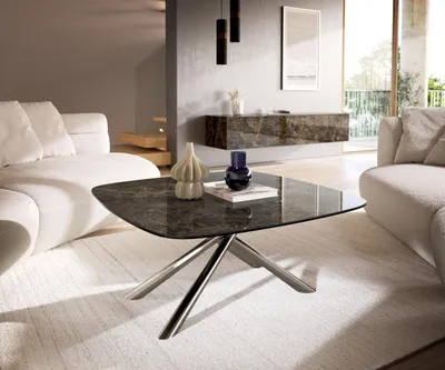Produktbild von DELIFE Couchtisch Edge Boot 90x90 cm Keramik Emperador Extra Lucidato Dunkelbraun Sarity Edelstahl gebürstet