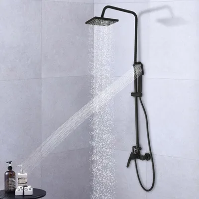 Produktbild von Duschsystem mit Thermostat 20cm Regendusche einhebelmischer Duscharmatur Handbrause 70-110cm höhenverstellbar Duschset (schwarz)