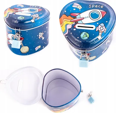 Produktbild von Spardose Metall mit Vorhängeschloss - Bunte Sparbüchse Einhorn & Weltraum für Kinder
