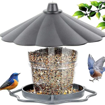Produktbild von Hängender Vogelfutterspender für Garten & Balkon,automatischer Futterautomat für Wildvögel, 820 ml, grau