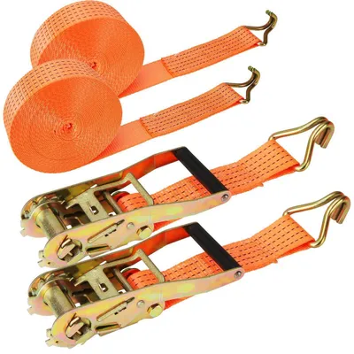 Productafbeelding van 2 stuks spanbanden, 5000 kg draagvermogen, 6 meter lang, met ratel en haken, oranje, 50 mm breed