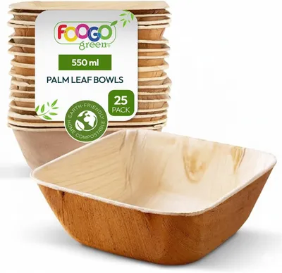 Produktbild von Palmblatt Schalen quadratisch, 25 Stück, 12 cm, biologisch abbaubar, für Suppe und Salat