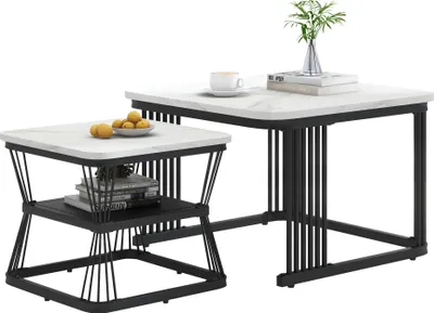 Produktbild von Merax 2er Set Couchtisch mit Marmormuster und Metallrahmen, Satztisch Beistelltisch Kaffeetisch, 65x45cm+45x39.5cm, Schwarz/Weiß