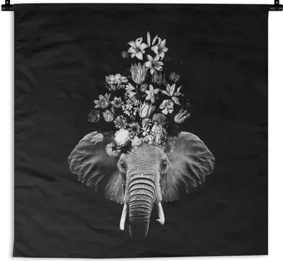 Produktbild von MuchoWow® Wandteppich Wandbehang Elefant - Blumen - Schwarz - Weiß 150x150 cm Tapisserie Dekoration Wandtuch - Wohnaccessoires - Modernes