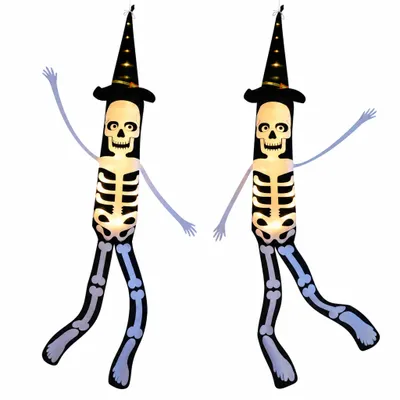Produktbild von 2St Halloween Deko Outdoor, 155cm Hängende Skelett Windsack Mit Lichterketten, LED Scream Fliegende Skelett Warmweiß Garten Party Dekoration
