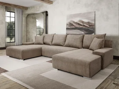 Produktbild von Margaret Hadas24 Ecksofa U Form Ecksofa Lauren 348x188cm mit Schlaffunktion und Bettkasten, 5 Sitzer, Bettzeugablage, Big Sofa, Eckcouch, Cord, capuccino