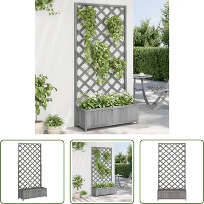 A collage of images showing a gray wooden planter box with a trellis, designed for plants.
