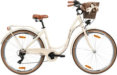 Produktbild von Goetze Mood 28 Zoll City Bike, 18 Zoll Tiefeinsteiger, 7-Gang Shimano Tourney, V-Bremse, LED-Beleuchtung, Komfortsattel, Rattankorb mit Bezug