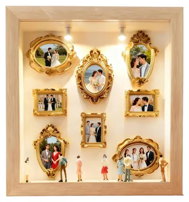 Produktbild von DIY Mini-Museums-Silhouette-Box mit Licht und Figuren, individuelles Erinnerungs-Display-Silhouette-Box-Rahmen-Set mit 8 Mini-Goldrahmen, Geschenkidee zum Jahrestag oder Valentinstag