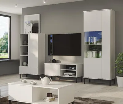 Produktbild von Wohnzimmer-Set weiß mit Couchtisch, Bücherregal, TV Lowboard und Vitrine, PUSH-TO-OPEN