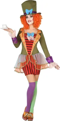A woman dressed as the Mad Hatter from Alice in Wonderland, holding a teacup.