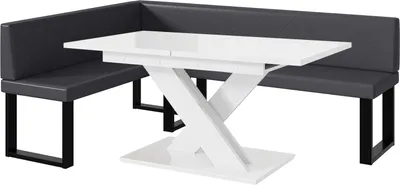 Produktbild von MEBLINI Eckbank für Esszimmer mit ausziehbarem Tisch  - Küchenbank - Essecke - Sitzecke Küche - ERIC - U-Beine 142x196x87cm Links - Grau Kunstleder/B Weiß Hochgl.