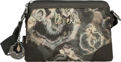 A crossbody bag with a floral pattern and brand logo.