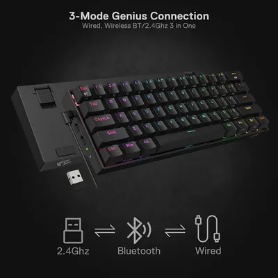 Zdjęcie produktu dla Klawiatura mechaniczna 60% - Bluetooth i przewodowa - podświetlenie RGB - przełączniki liniowe (czerwone)