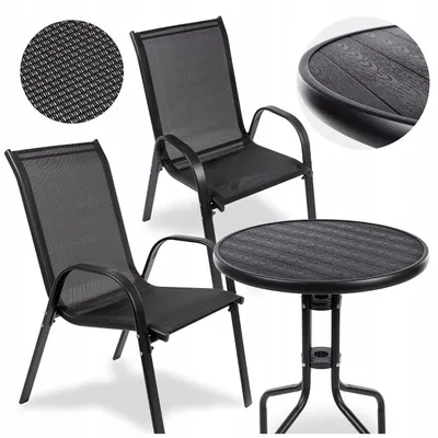 Produktbild von Gartenmöbel-Set mit rundem Tisch und 2 Stühlen – kompakter Balkon- und Terrassenmöbel-Satz – wetterfestes Stahlgestell – dunkelgrau