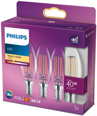 Produktbild von Philips Filament-Kerzenlampe, transparent 40W B35 E14 x3, 4,3 W, 40 W, E14, 470 lm, 15000 h, Warmweiß