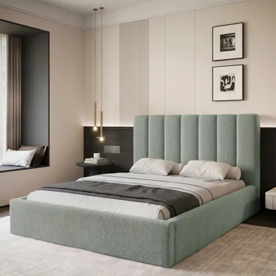 Productafbeelding van Gestoffeerd bed CIERO 140x200, kleur mint, met boucle stof, inclusief bedlade en lattenbodem