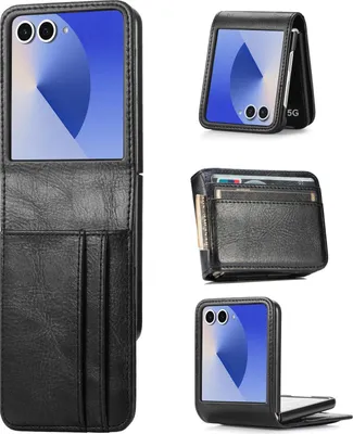A collage of images showing a black flip phone case with card slots.