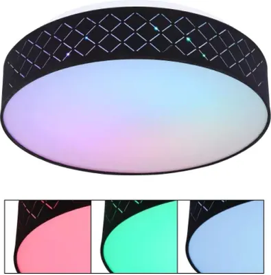 Zdjęcie produktu dla Globo Lighting lampa sufitowa metalowa biała, tekstylna czarna, opal akrylowy, ściemnialna, zmieniacz kolorów, utrwalanie kolorów, efekt tęczy RGB, funkcja pamięci, lampka nocna, pilot, bateria w zestawie 2x AAA, ø: 400mm, H: 110mm, w zestawie LED 18W 230V, źródło 1440lm, moc 700lm, 3000K, w zestawie LED RGB 5W 230V