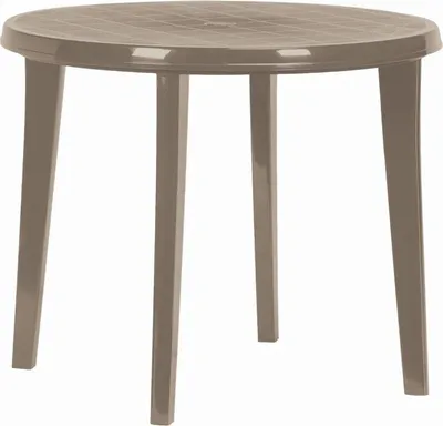 A round plastic garden table with four legs, shown from a slightly elevated front-facing angle against a white background.