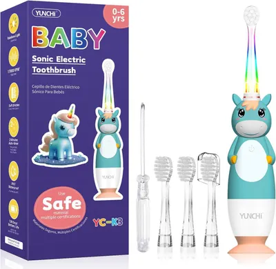 Produktbild von Elektrische Zahnbürste Kinder ab 0-6 Jahre Baby mit buntem LED Licht Smart Timer Kinderzahnbürste Kleinkind Schallzahnbürste mit 4 Weiche Bürstenköpfe