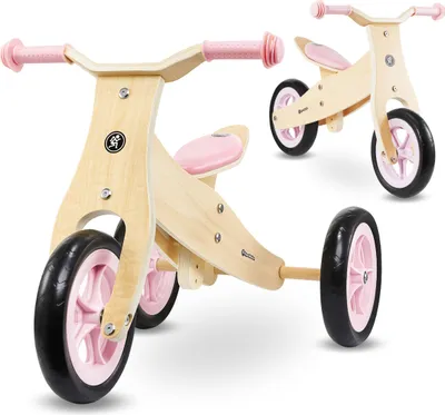 Produktbild von 2-in-1 Holz Laufrad und Dreirad für Kinder, Höhenverstellbar, Leicht, rosa