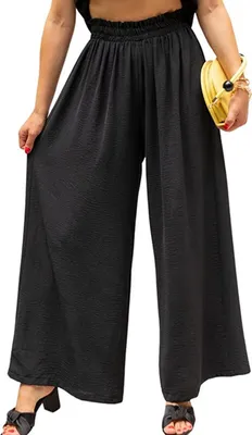 Produktbild von ASKSA Damen Hosen Sommer High Waist Weite Hose Plissee Hosenrock Sommerhose Freizeithose mit Tasche, Schwarz, L