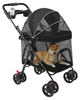 Produktbild von Faltbarer Hundetrolley mit Getränkehalter, Klappbarer Haustierwagen mit Netzfenstern & Feststellbremse, Transportwagen für Kleine & Mittelgroße Hunde/Katzen (Schwarz)