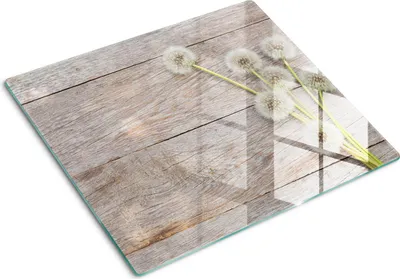 Obrázok produktu pre Sklenená ochranná doska – Kryt varnej dosky – Kryt na indukčnú dosku – 60x52 cm – Rýchle čistenie – Tvrdené sklo – Kytica z púpavy