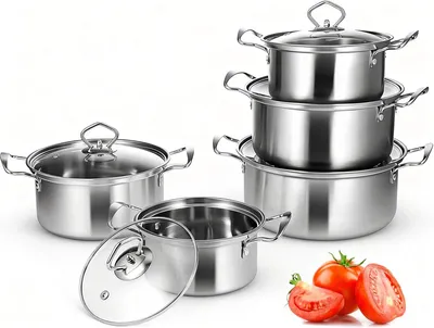 Produktbild von Topfset Induktion 10-Teilig, Topfset aus Edelstahl mit Glasdeckel | Induktions Töpfe set, für alle Herdarten, unbeschichtet,Induktion Topf Kochtopf Set,Silber