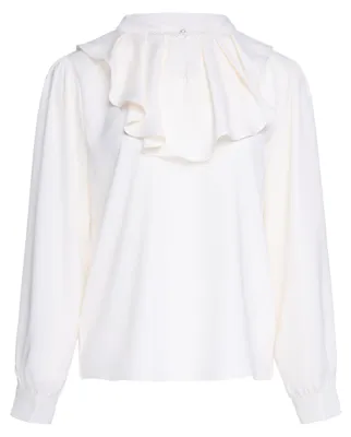 Produktbild von Damen Bluse weiss Gr. S mit Stehkragen, langen Ärmeln und Rüschen