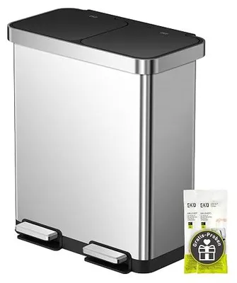 Imagen del producto de Cubo de basura de dos compartimentos, 40 + 28 litros, sistema de separación de residuos, cubo de basura para la cocina