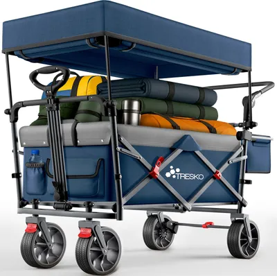 Produktbild von TRESKO® Bollerwagen Faltbar mit Dach Blau, Kühlfach & Seitenrollos | Handwagen max. belastbar bis 150kg | Transportwagen mit Vollgummireifen & Feststellbremsen (Vorne & Hinten) und 3-Punkt-Gurt